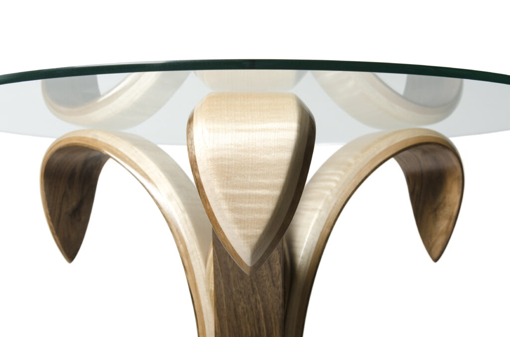 John Jacques Blooming Lovely Flower Table No.2 Walnut Ripple Sycamore Burr Oak Glass