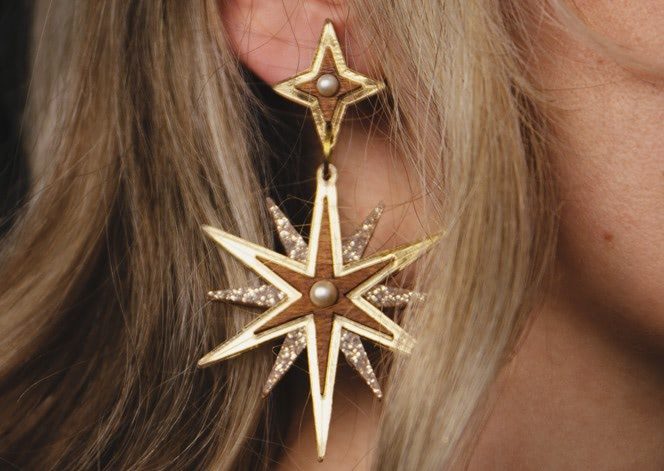 Wolf and Moon constellation earrings gold and wood